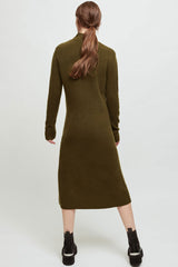 Vestido midi informal de invierno con cuello alto y manga larga - Verde