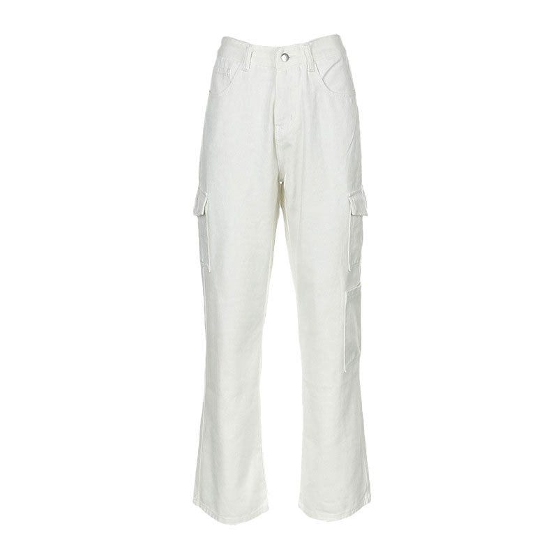 Casual Style Cargo Pocket High Waist Wide Leg Jeans - White