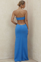 Charming Strapless Cut Out High Slit Maxi Prom Formal Dress - Blue