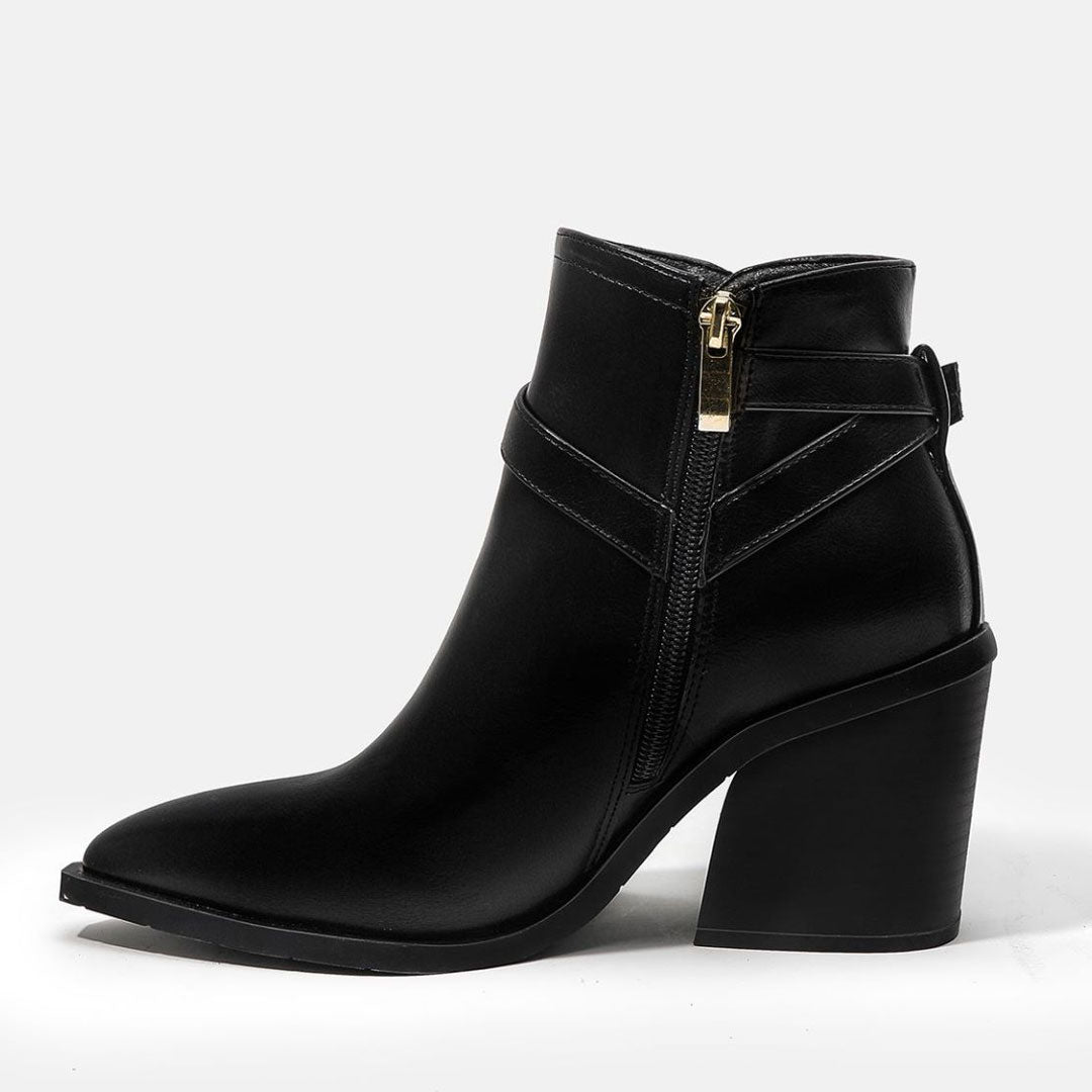 Pointed Toe Buckle Strap Block Heel Ankle Boots - Black