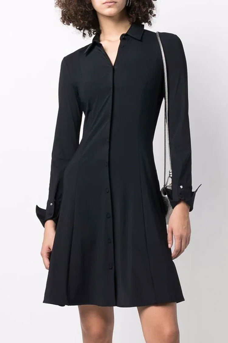 Vestido camisero mini, elegante, de manga larga, ajustado y acampanado, con cuello abotonado - Negro