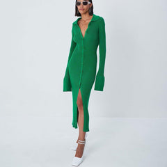 Vestido largo de manga larga con cuello abotonado y ribete dividido - Verde