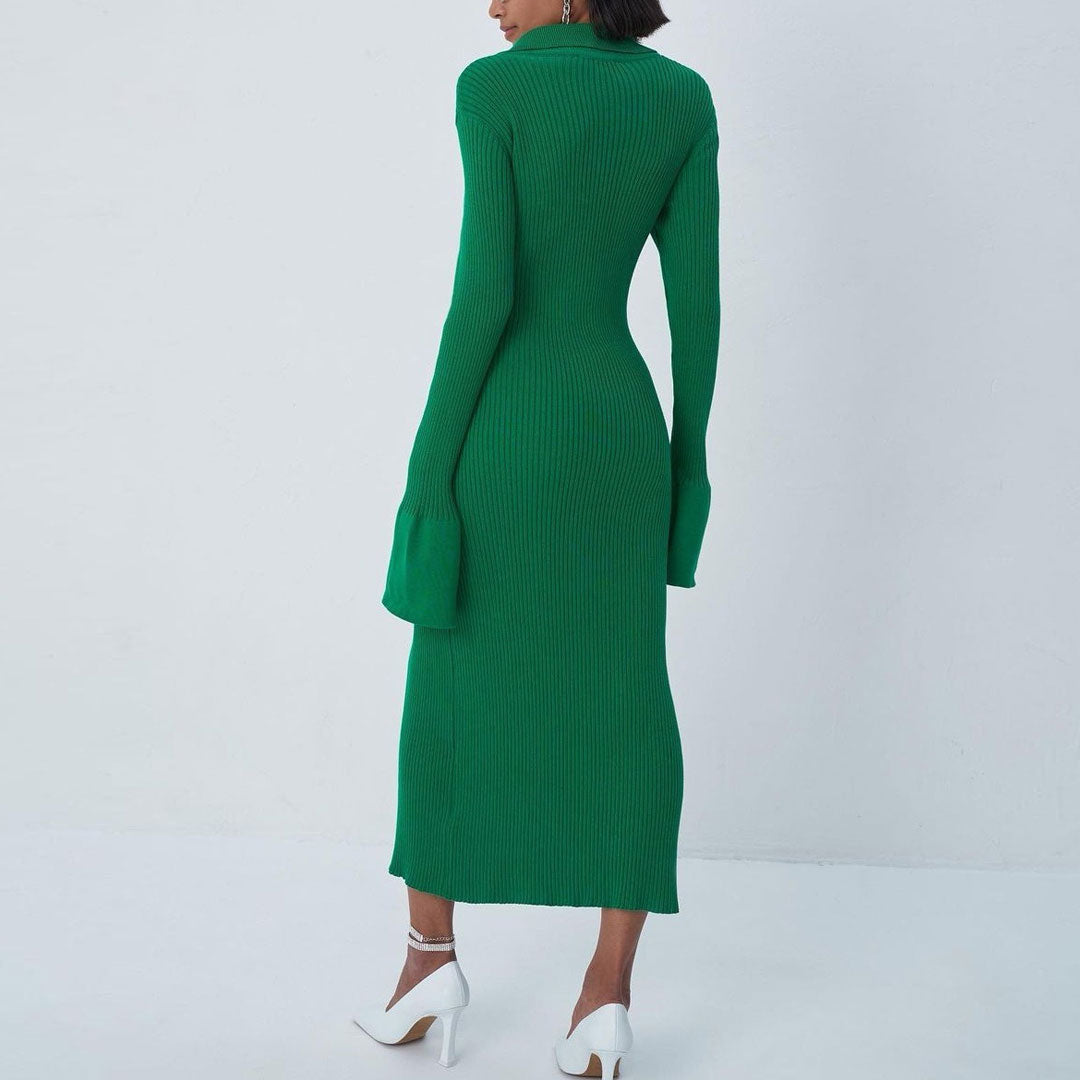 Collared Button Down Long Sleeve Split Trim Maxi Dress - Green