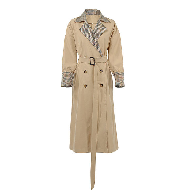 Zweireihiger Trenchcoat mit Gingham-Print und Gürtel - Khaki