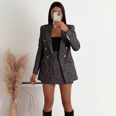 Zweireihiger Tweed-Blazer mit Reverskragen und langen Ärmeln - Grau