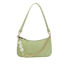 Bolso baguette con cadena gruesa de perlas y estampado de cocodrilo - Verde salvia