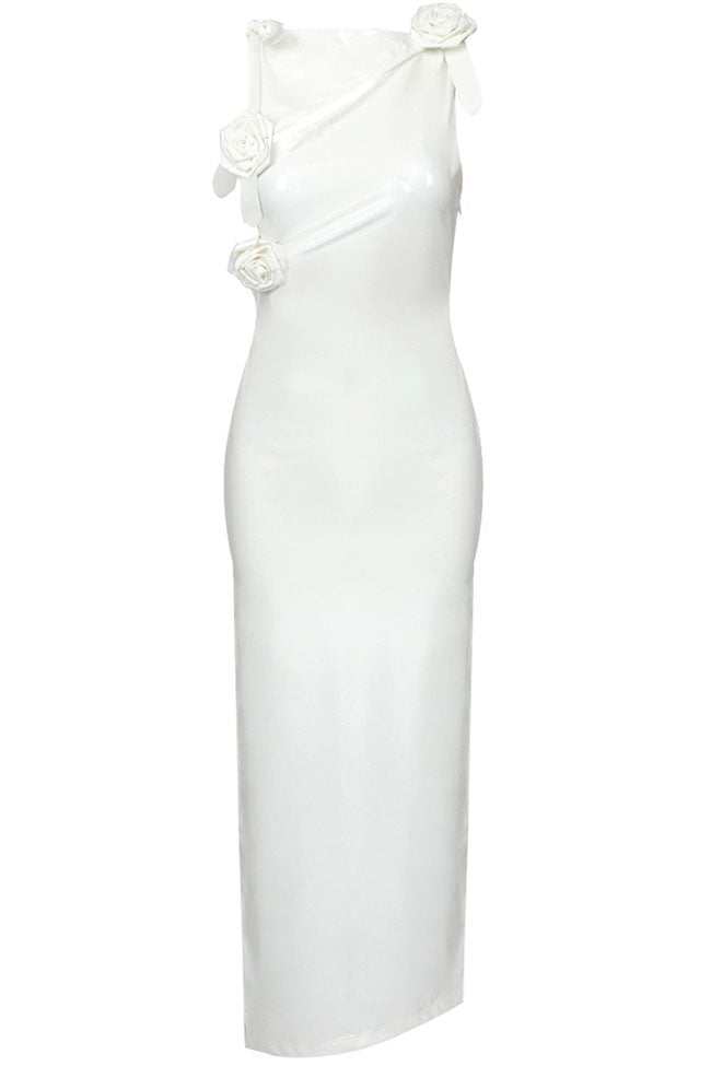 Vestido midi elegante de piel vegana sin mangas con corpiño y rosetas - Blanco