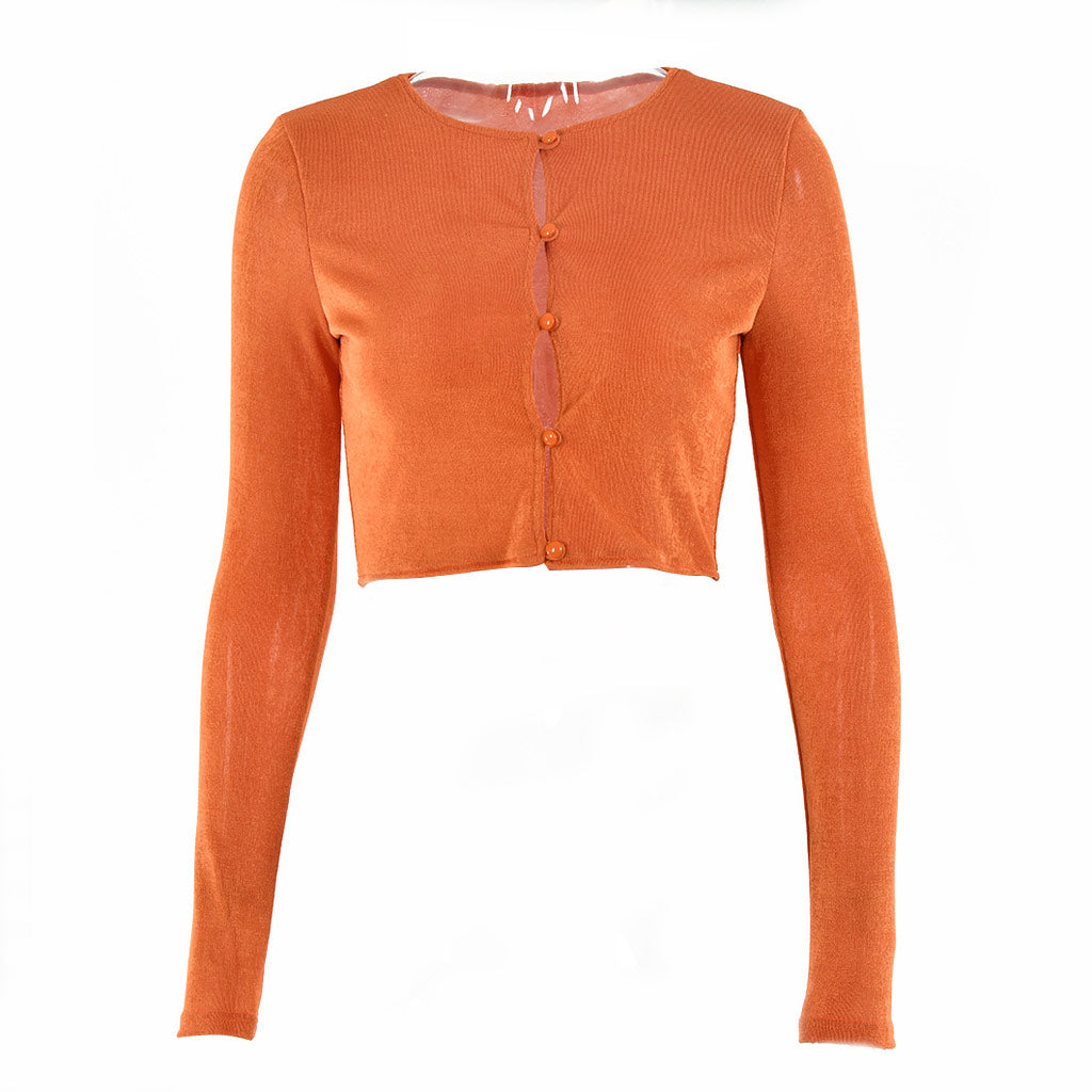 Crop Top mit Rundhalsausschnitt und Knöpfen, langärmlig - Gebranntes Orange