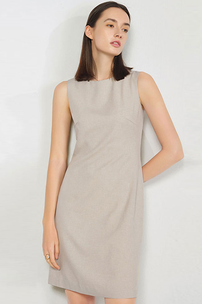 Chic Round Neck Solid Color Fitted Sleeveless Mini Dress - Khaki
