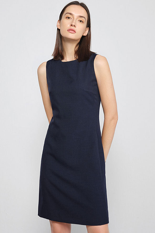 Chic Round Neck Solid Color Fitted Sleeveless Mini Dress - Navy Blue