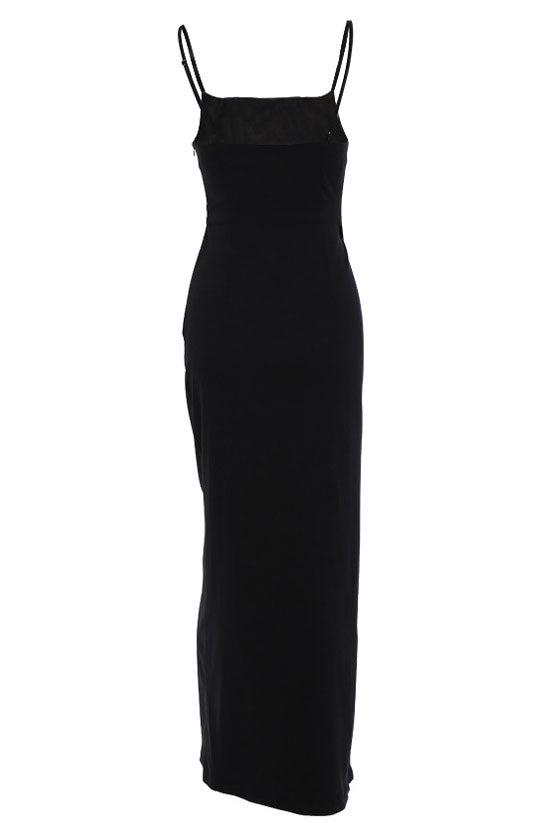 Chic Square Neck High Slit Bodycon Sleeveless Formal Maxi Dress - Black