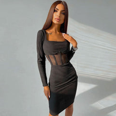 Square Neck Long Sleeve Mesh Panel Midi Dress - Black