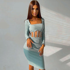 Square Neck Long Sleeve Mesh Panel Midi Dress - Teal