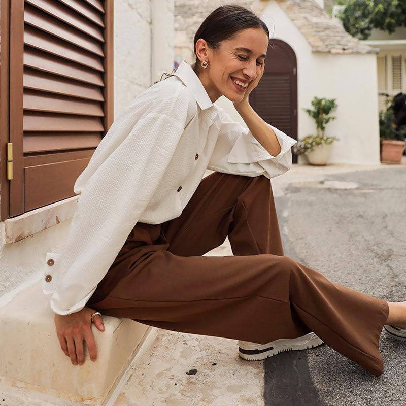 High Waist Straight Leg Slant Pocket Pleated Tailored Pants - Brown