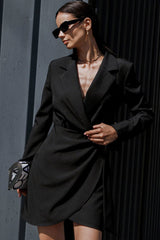 Classic Lapel Collar Shoulder Pad Ruched Long Sleeve Mini Dress - Black