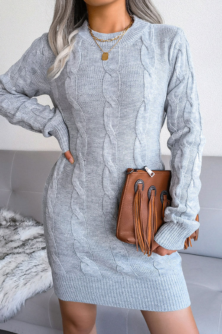 Classic Long Sleeve Winter Cable Knit Pullover Sweater Mini Dress - Gray