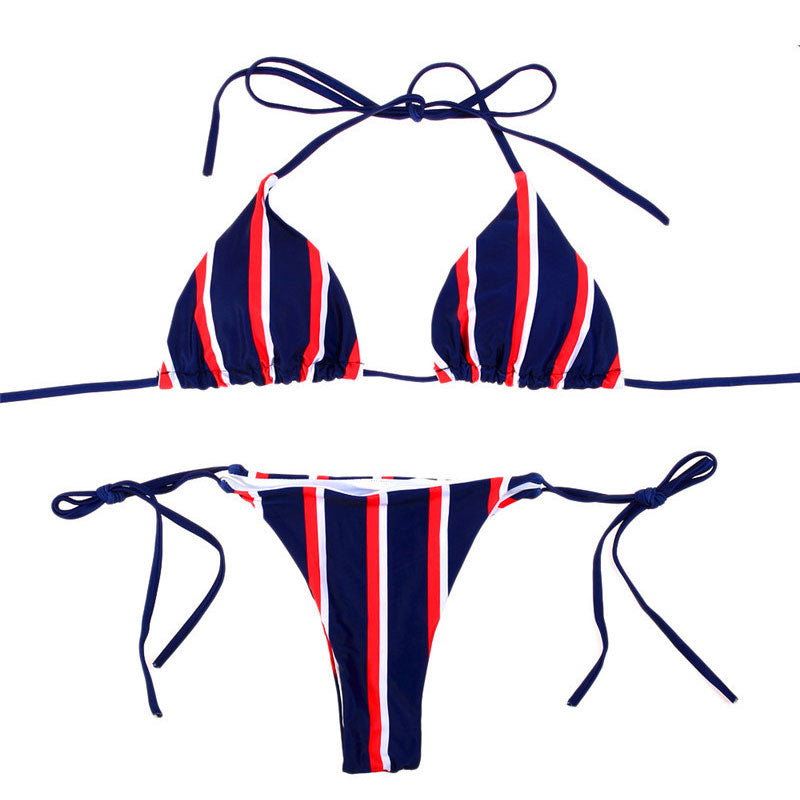 Gestreiftes Triangel-Bikini-Set mit Schnürung und Schiebeverschluss - Dunkelblau