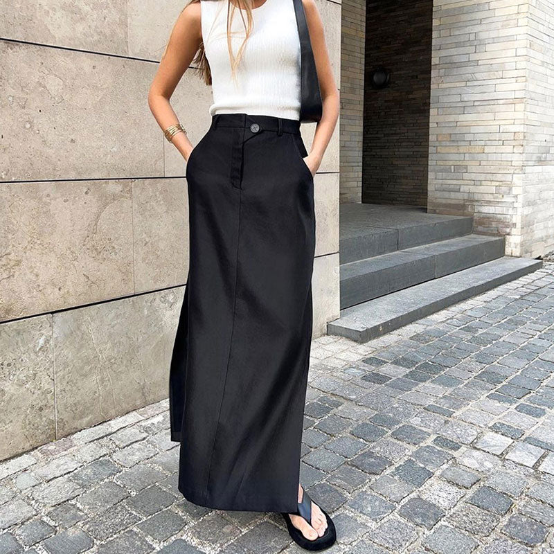 Style High Waist Maxirock mit Seitentaschen und Schlitz - Schwarz