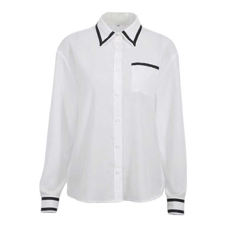 Blusa elegante de manga larga con cuello en punta y ribete - Blanca