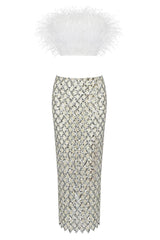 Classy Feather Strapless Top Sequin Midi Skirt Two Piece Dress - White