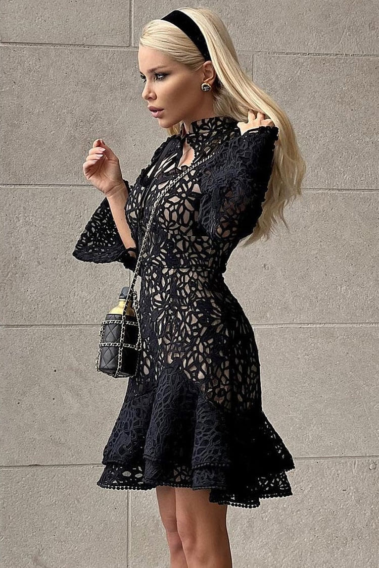 Classy Mandarin Collar Puff Sleeve Crochet Lace Ruffle Tiered Mini Dress - Black