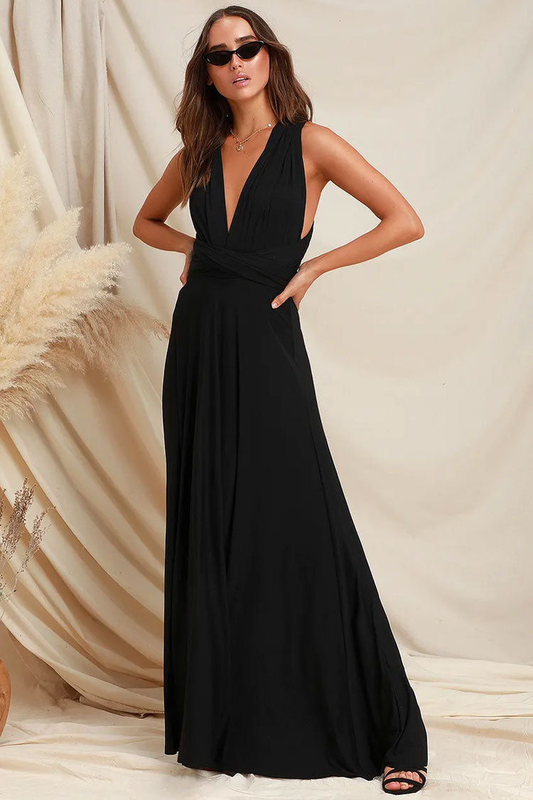 Convertible High Waist A-Line Infinity Maxi Bridesmaid Dress - Black