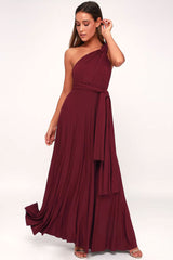 Convertible High Waist A-Line Infinity Maxi Bridesmaid Dress - Burgundy