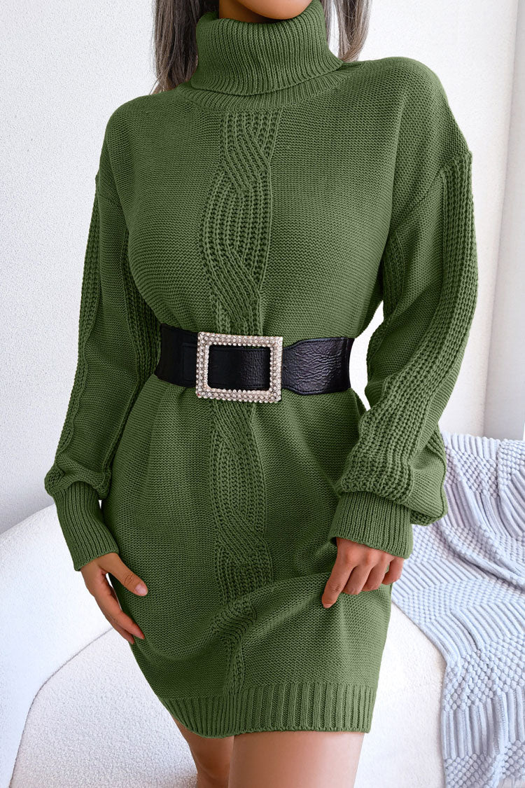 Gemütliches Winter-Rollkragenpullover-Minikleid mit Zopfmuster - Armeegrün