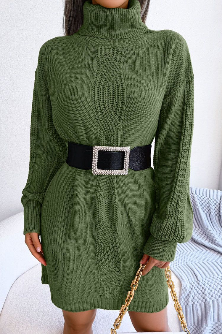 Gemütliches Winter-Rollkragenpullover-Minikleid mit Zopfmuster - Armeegrün