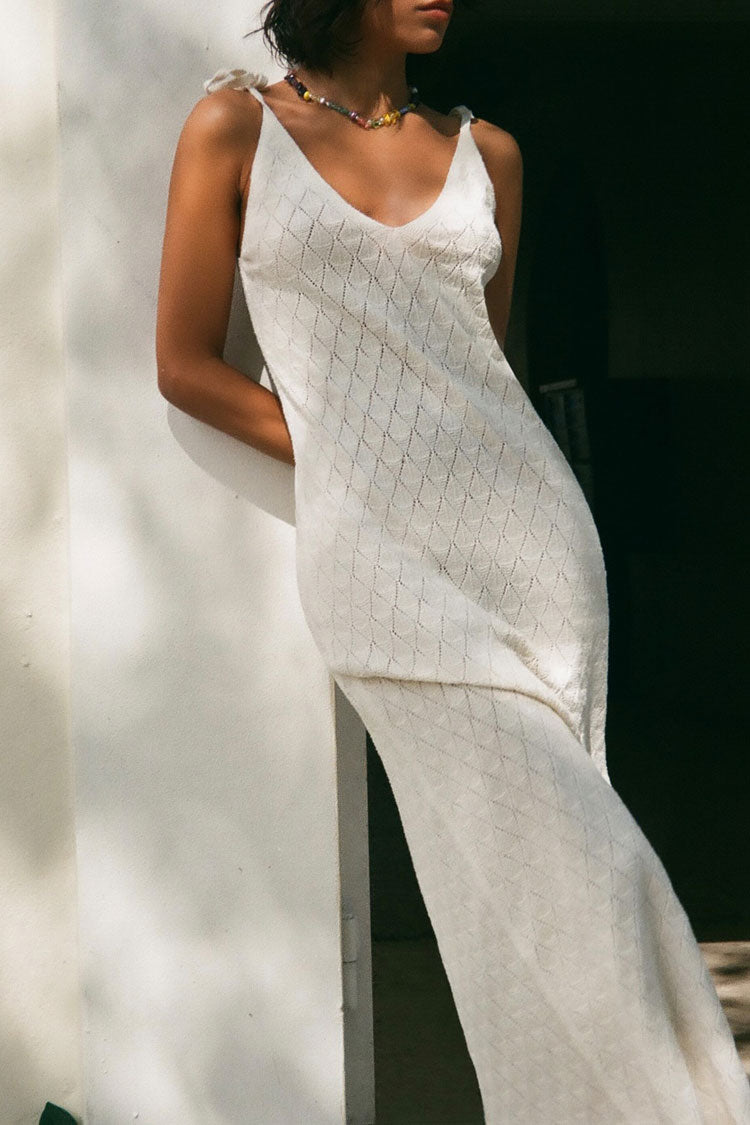 Cozy Tie Shoulder Sheer Crochet Knit Beach Vacation Midi Dress - Off White