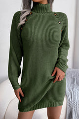 Vestido mini de cuello alto acanalado con ribete de botones para un invierno acogedor - Verde militar