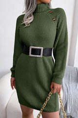 Vestido mini de cuello alto acanalado con ribete de botones para un invierno acogedor - Verde militar