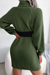 Vestido mini de cuello alto acanalado con ribete de botones para un invierno acogedor - Verde militar