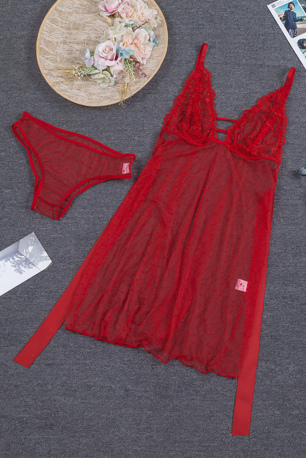 Babydoll mit gehäkelter Spitze und Schleife, Netzstoff und Schlitz