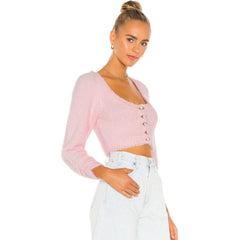 Cute Scoop Neck Sleeved Knitted Crop Cardigan - Pink