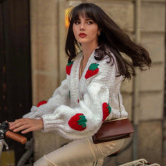 Cute Strawberry Studded Bishop Sleeve Button Up Cardigan - White