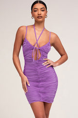 Cutout Tie Front Ruched Bodycon Slip Mini Dress - Purple
