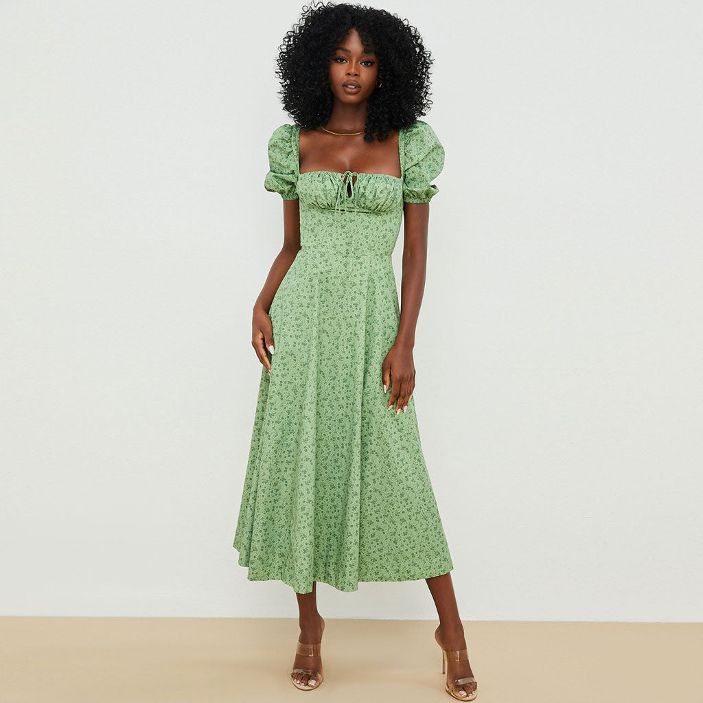 Bedrucktes Maxi-Sommerkleid mit Puffärmeln und hohem Schlitz - Grün