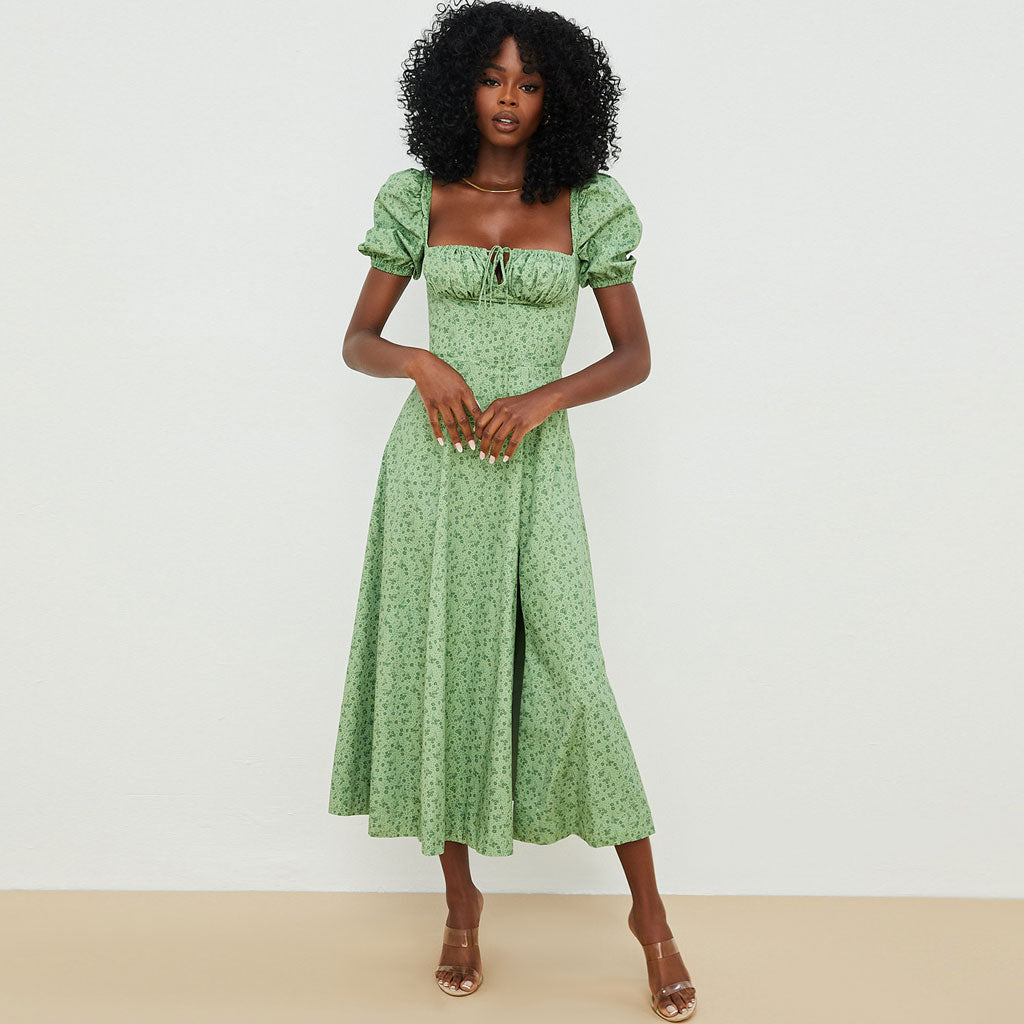 Bedrucktes Maxi-Sommerkleid mit Puffärmeln und hohem Schlitz - Grün