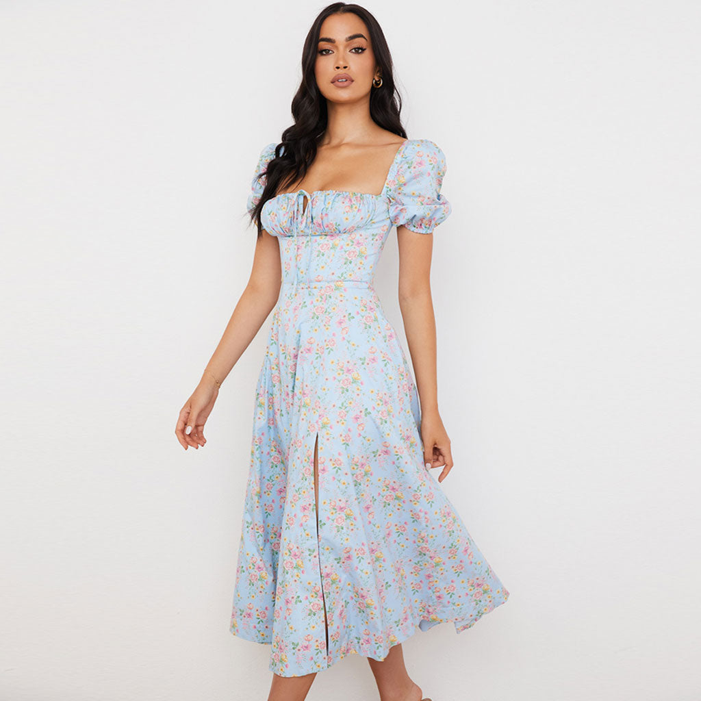 Printed Puff Sleeve High Slit Smock Maxi Sundress - Light Blue