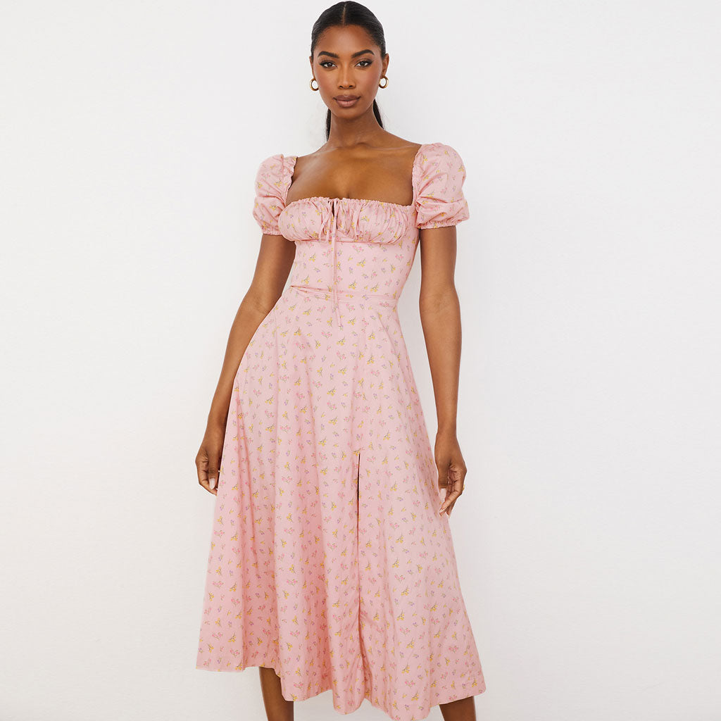 Printed Puff Sleeve High Slit Smock Maxi Sundress - Pink