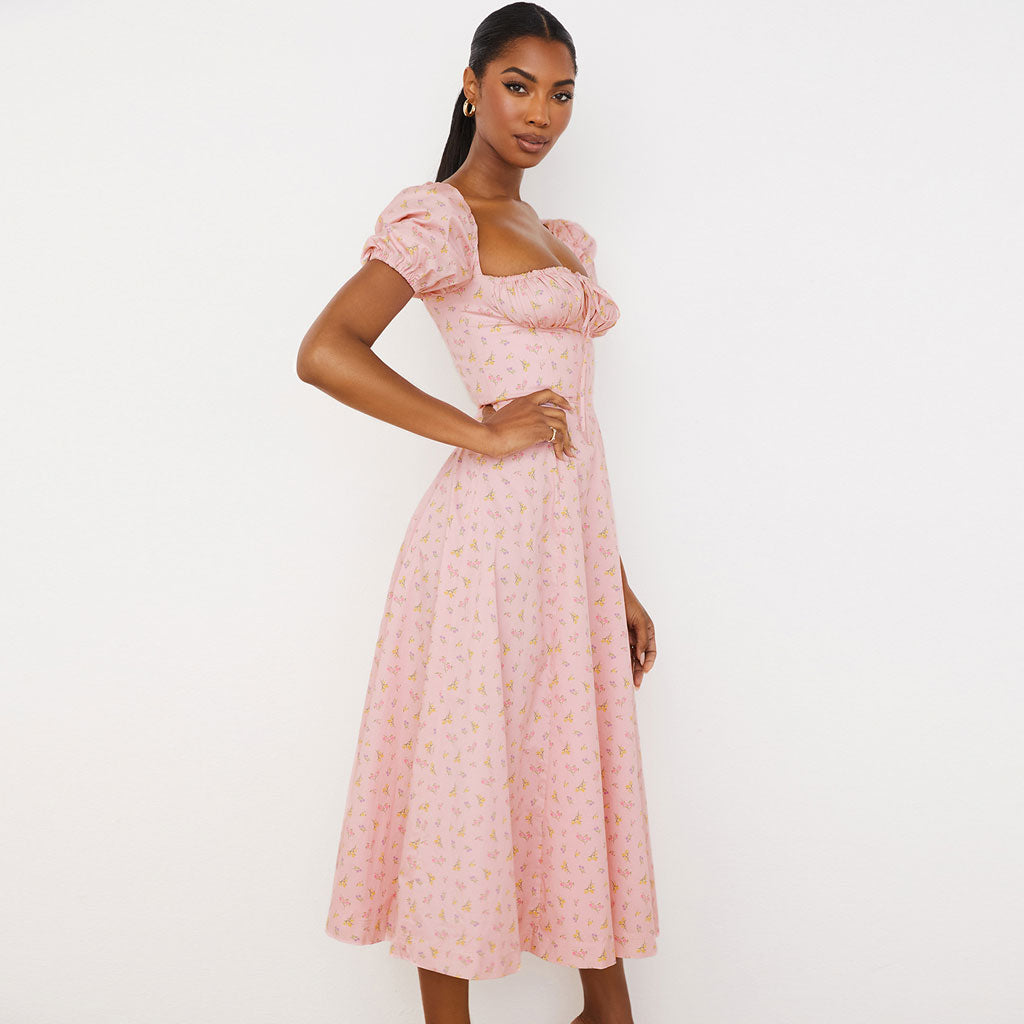 Printed Puff Sleeve High Slit Smock Maxi Sundress - Pink