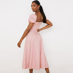 Bedrucktes Maxi-Sommerkleid mit Puffärmeln und hohem Schlitz - Rosa