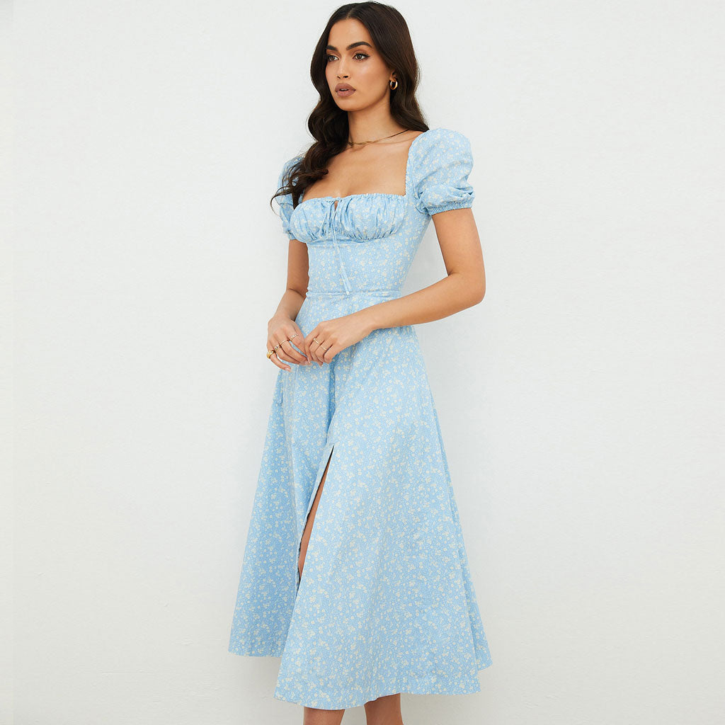 Printed Puff Sleeve High Slit Smock Maxi Sundress - Sky Blue