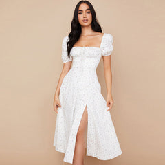 Printed Puff Sleeve High Slit Smock Maxi Sundress - White