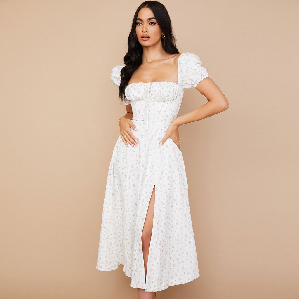 Printed Puff Sleeve High Slit Smock Maxi Sundress - White