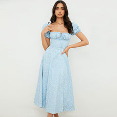 Bedrucktes Maxi-Sommerkleid mit Puffärmeln und hohem Schlitz - Himmelblau