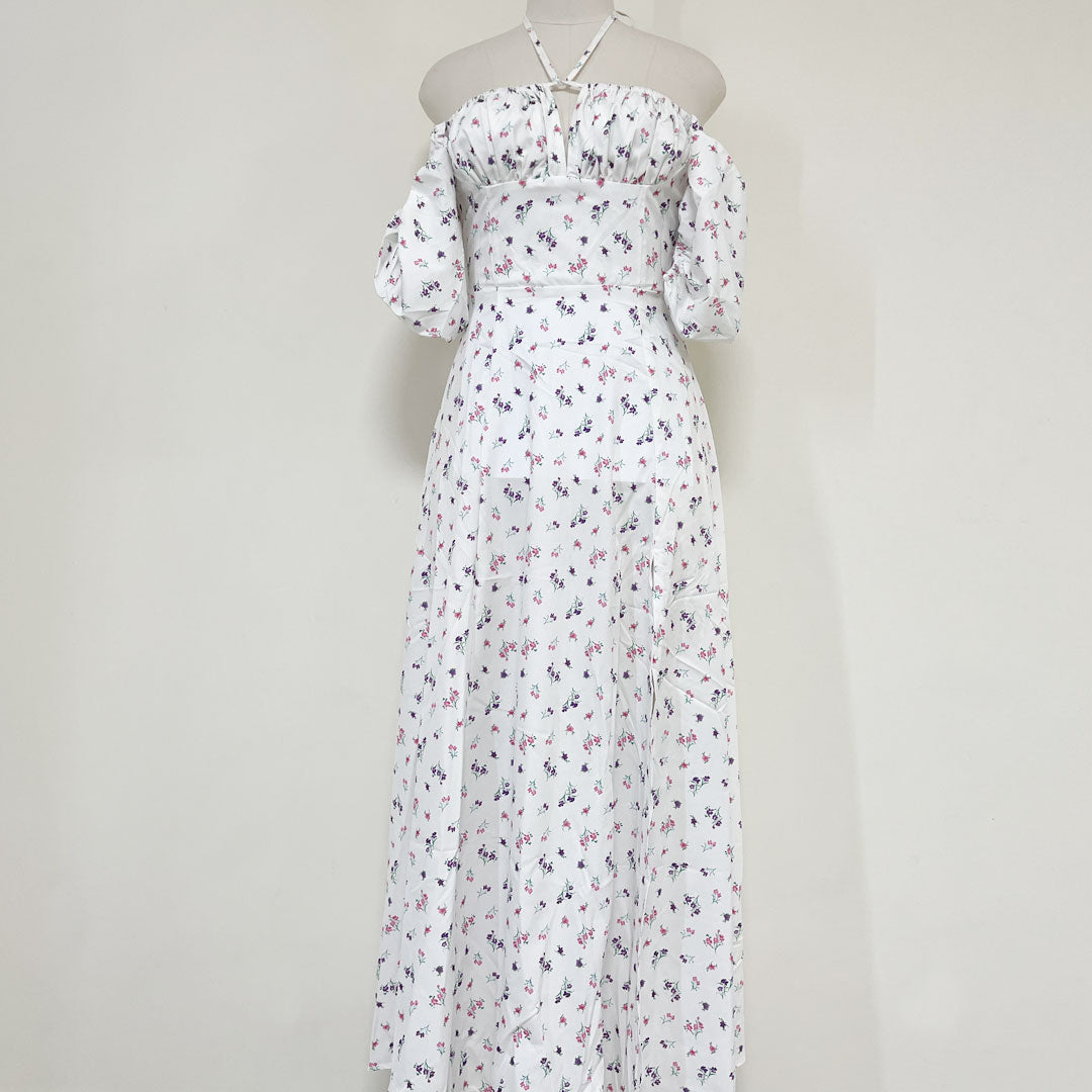 Printed Puff Sleeve High Slit Smock Maxi Sundress - White