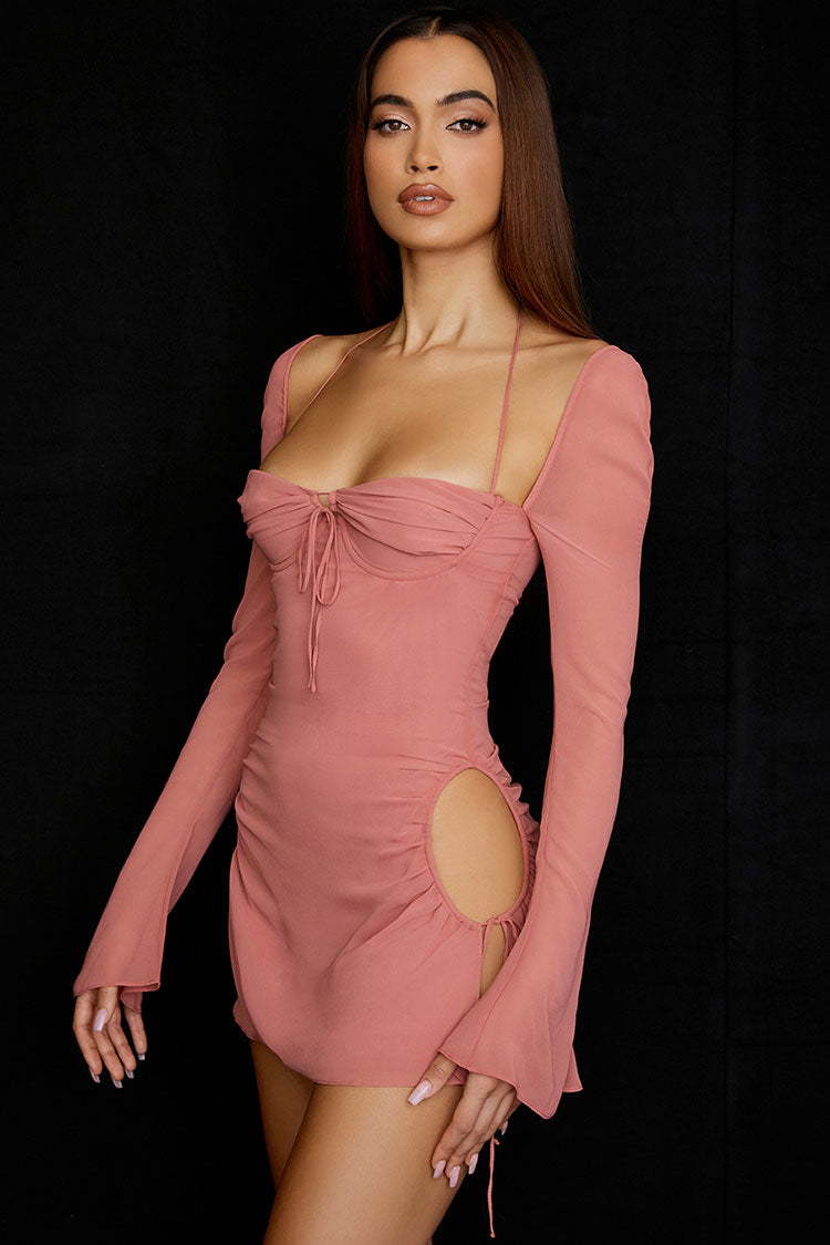 Darling Halter Neck Long Sleeve Cutout Club Mini Dress - Pink