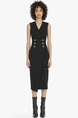 Deep V Buttoned Sheath Sleeveless Blazer Midi Dress - Black